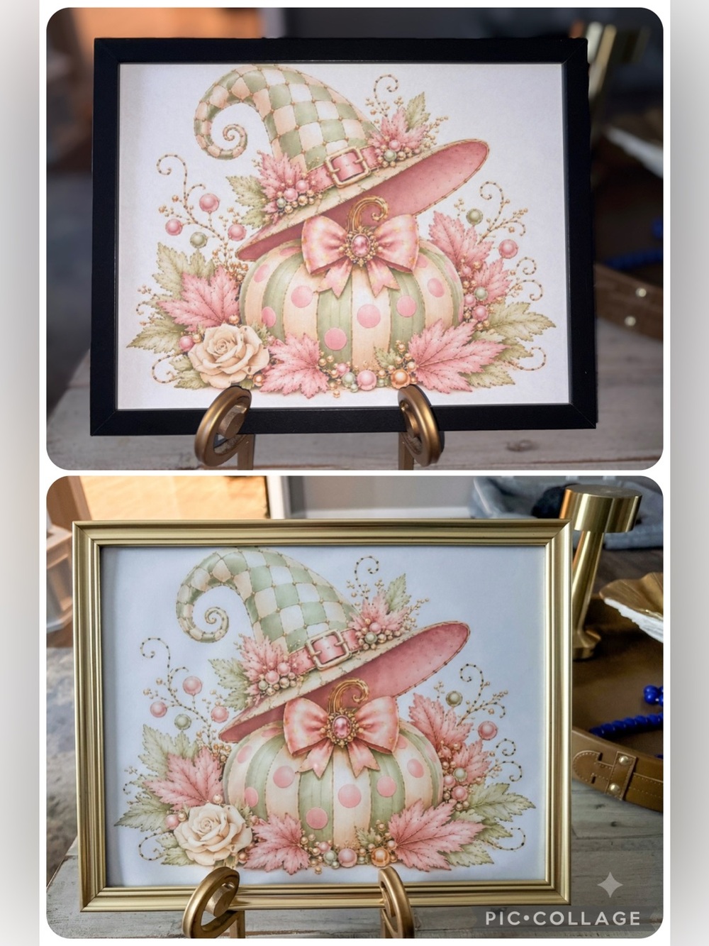 Iconic Checkered Whimsical Pastel Pumpkin Framed 8x10 Art Print - Pink & Mint